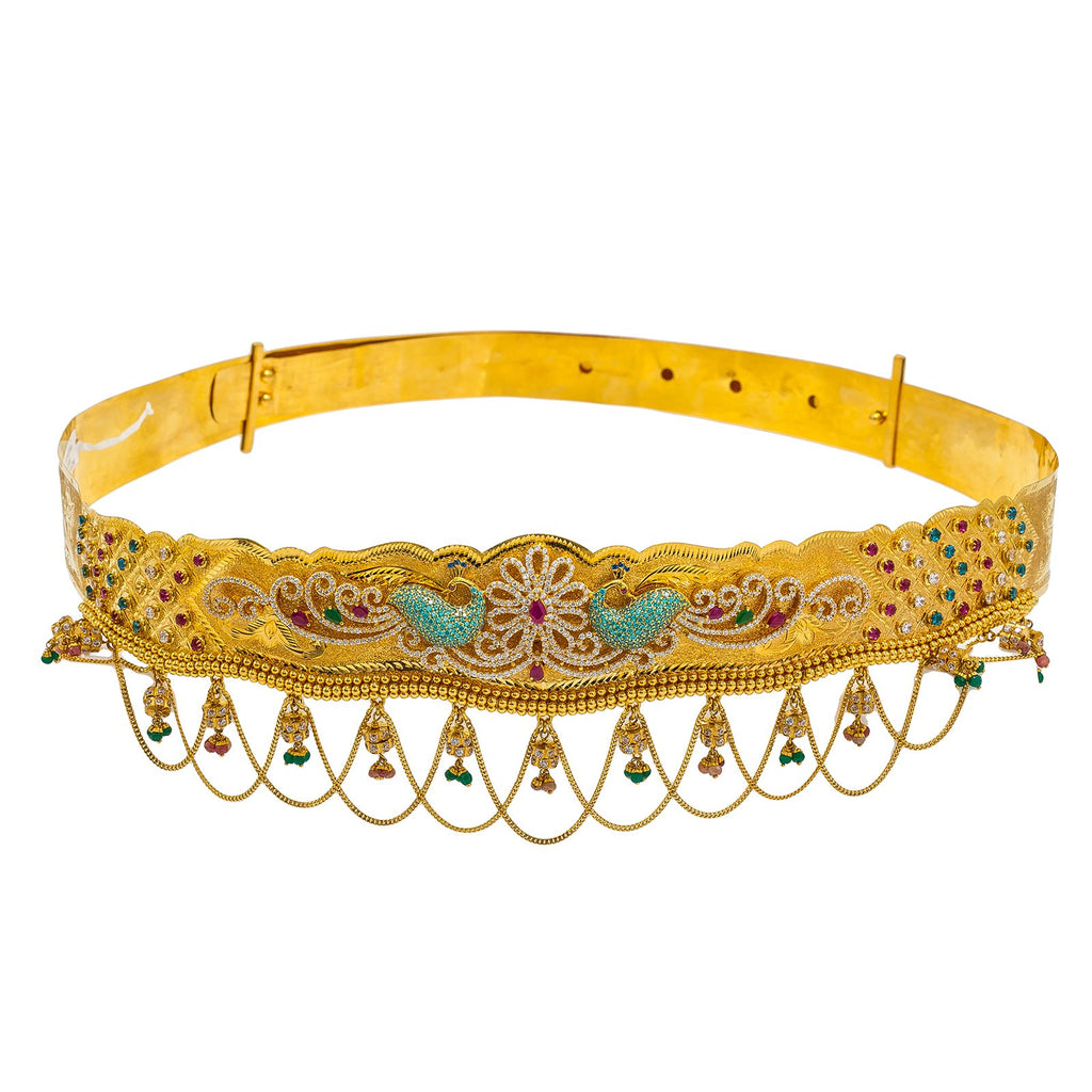 22K Yellow Gold Vaddanam Waist Belt W/ Ruby, Emerald, Sapphire, CZ Gems & Paisley Peacock Chandelier Design | 22K Yellow Gold Vaddanam Waist Belt W/ Ruby, Emerald, Sapphire, CZ Gems & Paisley Peacock Ch...