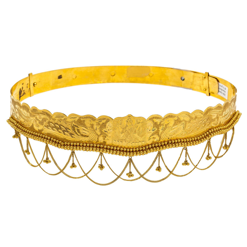 22K Yellow Gold Vaddanam Waist Belt W/ Laser Etched Portrait & Chandelier Accents | Add stunning 22K gold to your child’s outfit with this beautiful 22K waist belt from Virani Jewel...
