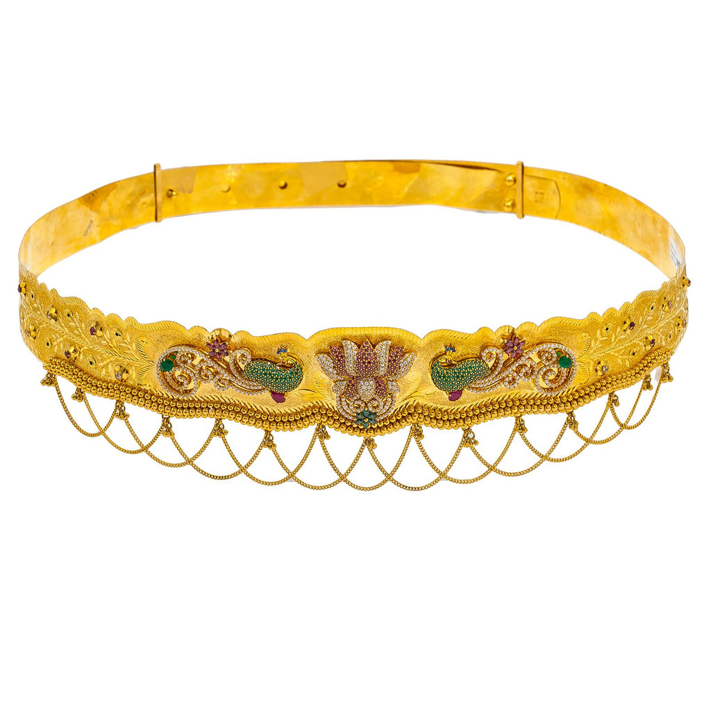 22K Yellow Gold Vaddanam Waist Belt W/ Ruby, Emerald, CZ Gems & Faceted Lotus Flower Peacock Pendants | 22K Yellow Gold Vaddanam Waist Belt W/ Ruby, Emerald, CZ Gems & Faceted Lotus Flower Peacock...