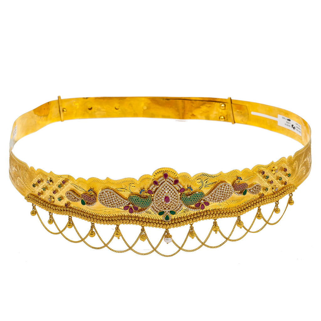 22K Yellow Gold Vaddanam Waist Belt W/ Ruby, Sapphire, CZ Gems & Teardrop Peacocks Pendant | Add the brilliance of 22K and precious gemstones to your wardrobe with this 22K vaddanam waist be...