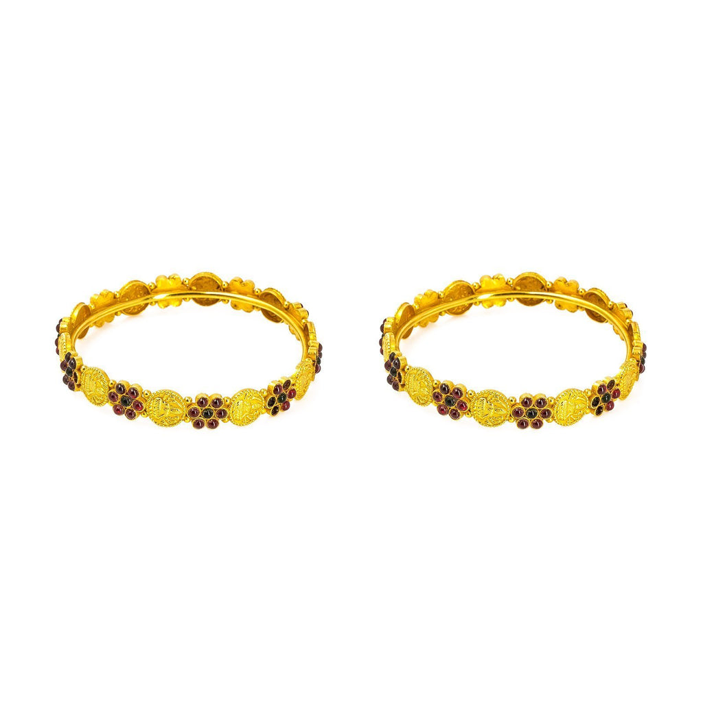 22K Yellow Gold 2 Piece Bangle Set W/ Laxmi Coins & Ruby Studded Flower Accents | 22K Yellow Gold 2 Piece Bangle Set W/ Laxmi Coins & Ruby Studded Flower Accents for women. T...