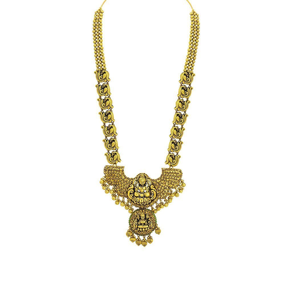 22K Yellow Gold Antique Temple Necklace W/ Ruby & Emerald on Large Winged Double Laxmi Pendant | 22K Yellow Gold Antique Temple Necklace W/ Ruby & Emerald on Large Winged Double Laxmi Penda...