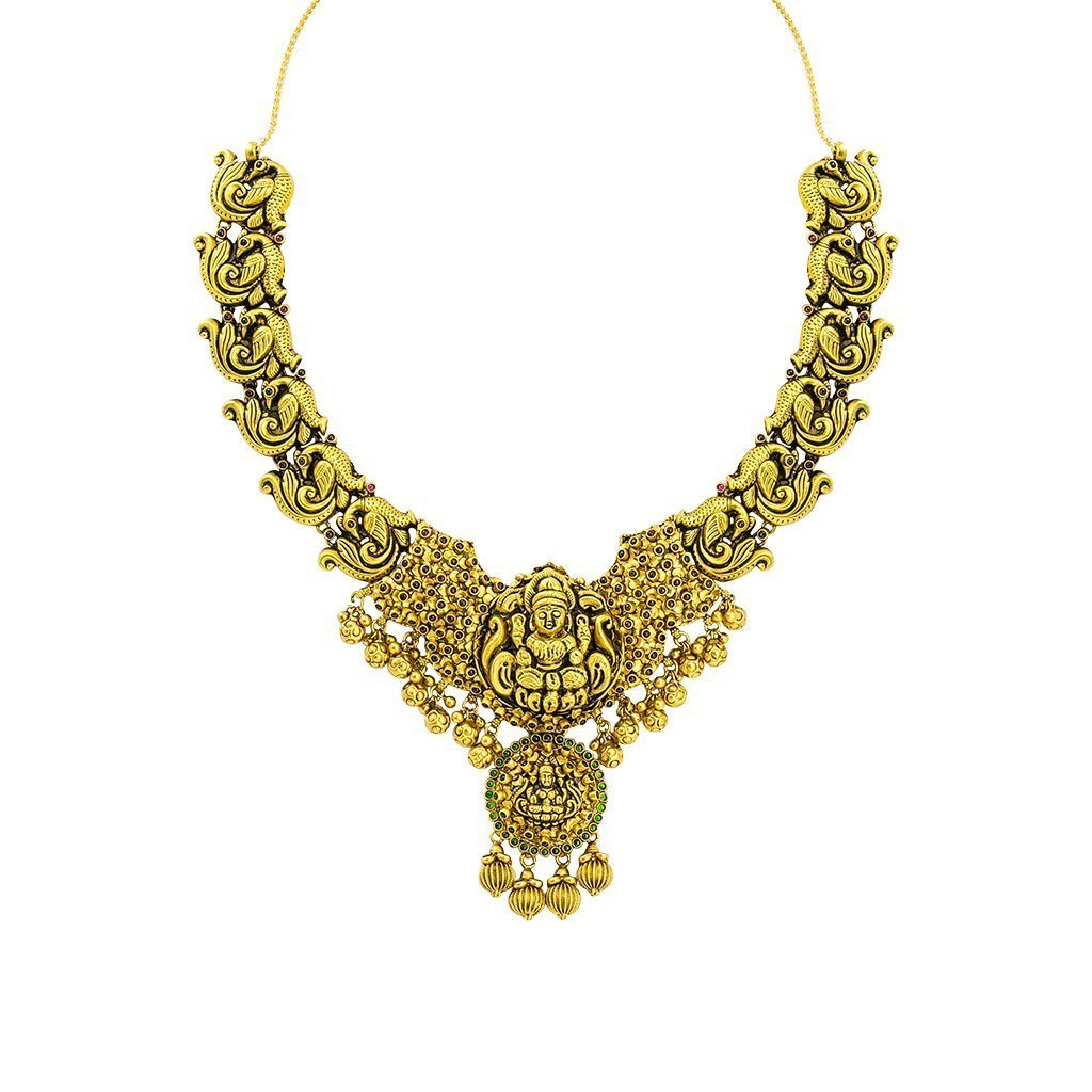 22K Yellow Gold Antique Temple Necklace W/ Ruby, Emerald & Laxmi Pendant on Carved Peacock Strand | 22K Yellow Gold Antique Temple Necklace W/ Ruby, Emerald & Laxmi Pendant on Carved Peacock S...
