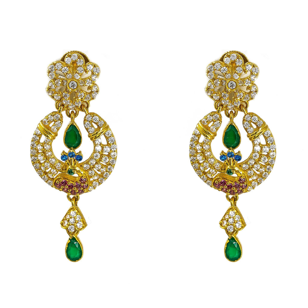 22K Yellow Gold Earrings W/ Multi Color CZ & Emeralds on Hanging Peacock Pendant | 22K Yellow Gold Earrings W/ Multi Color CZ & Emeralds on Hanging Peacock Pendant for women. ...