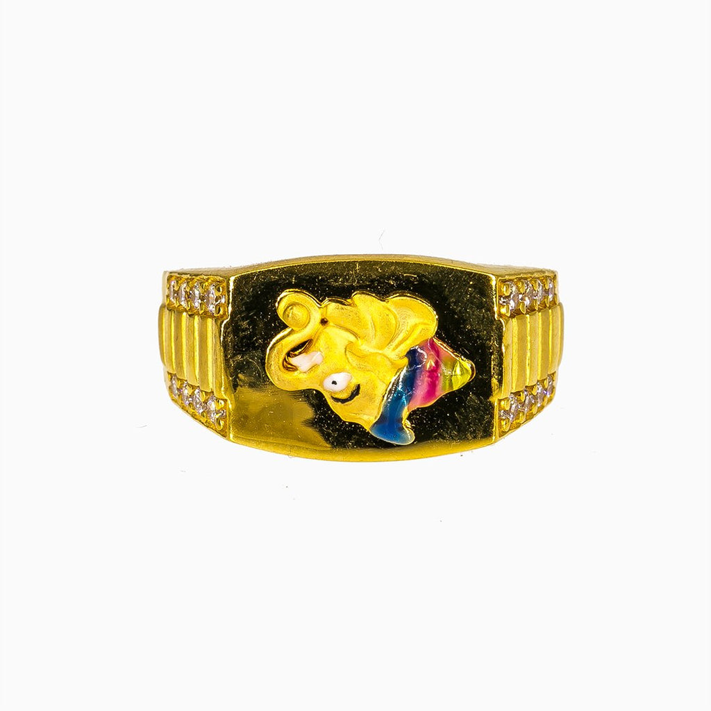 22K Yellow Gold Ganesh Ring for Men W/ CZ Gems & Artistic Colorful Enamel Design | 22K Yellow Gold Ganesh Ring for Men W/ CZ Gems & Artistic Colorful Enamel Design. This uniqu...