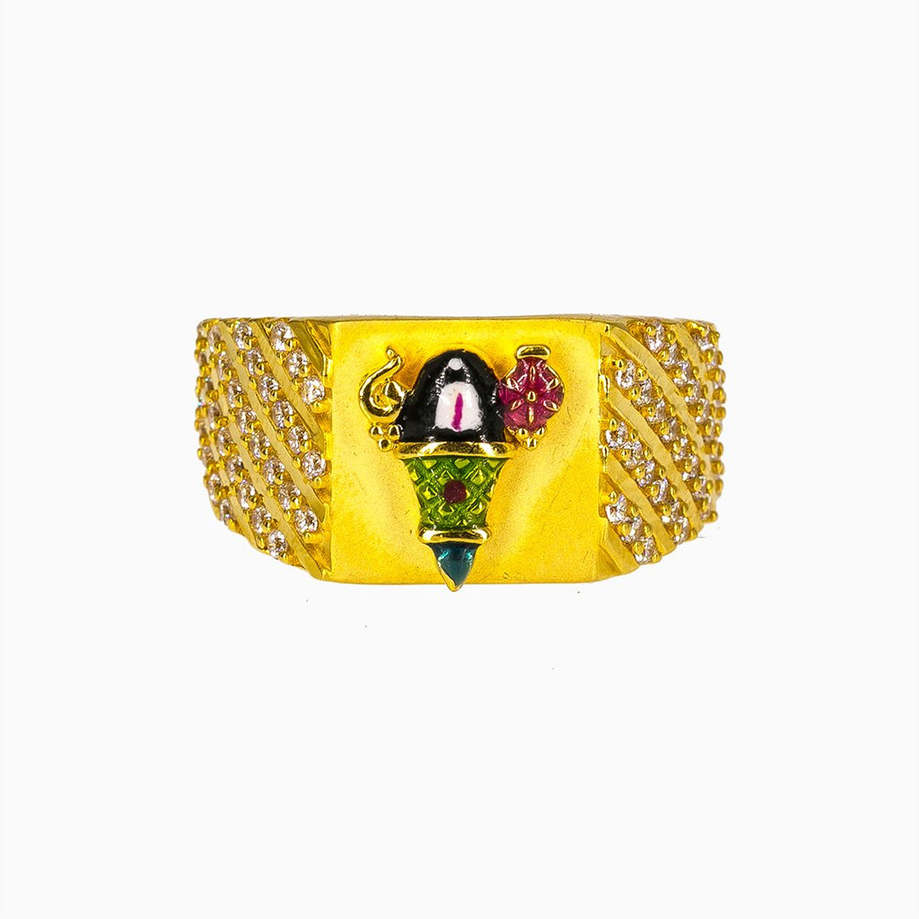 22K Yellow Gold Lord Shiva Ring for Men W/ CZ Gems & Artistic Colorful Enamel Design | 22K Yellow Gold Lord Shiva Ring for Men W/ CZ Gems & Artistic Colorful Enamel Design. This u...