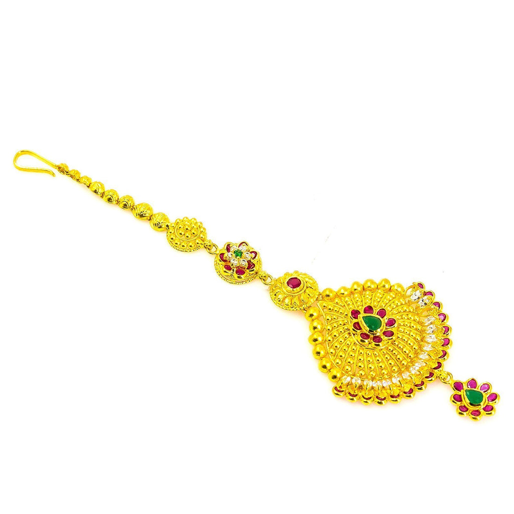 22K Yellow Gold Tikka W/ Rubies, Emeralds & CZ Gems on Pendant of Gold Ball Design | 22K Yellow Gold Tikka W/ Rubies, Emeralds & CZ Gems on Pendant of Gold Ball Design for women...