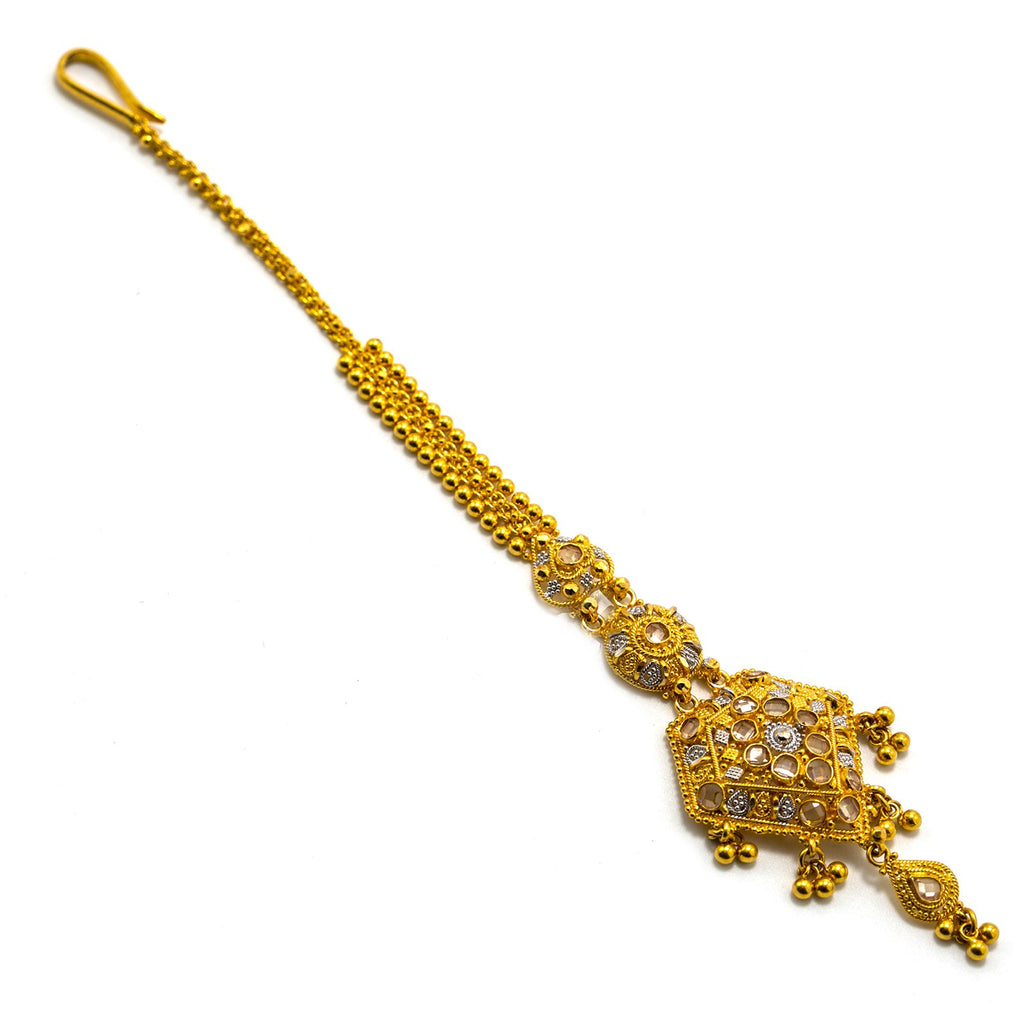22K Multi Tone Gold Tikka W/ Hanging Ball Accents & Diamond Shaped Pendant | 22K Multi Tone Gold Tikka W/ Hanging Ball Accents & Diamond Shaped Pendant for women. This b...