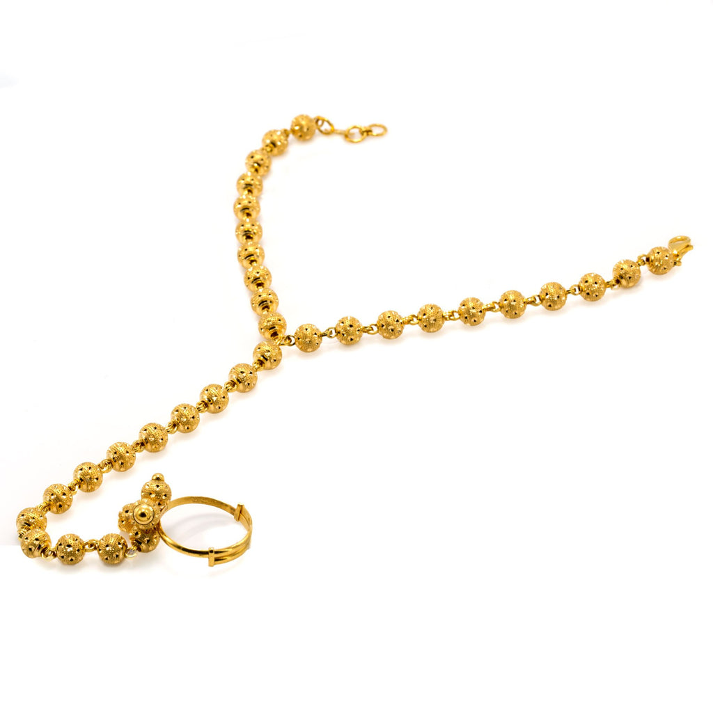 22K Yellow Gold Panja Finger Bracelet W/ Full Speckled Beaded Chain | 22K Yellow Gold Panja Finger Bracelet W/ Full Speckled Beaded Chain for women. This radiant piec...