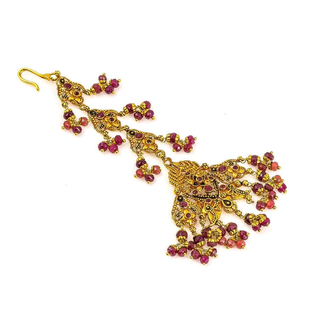 22K Yellow Gold Tikka W/ Precious Rubies Patterned on A Layered Fan Formation | 22K Yellow Gold Tikka W/ Precious Rubies Patterned on A Layered Fan Formation for women. This e...