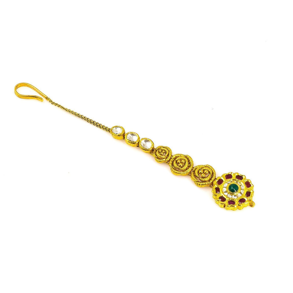 22K Yellow Gold Tikka W/ Rubies & Emerald Flower Accents on Kundan Chain | 22K Yellow Gold Tikka W/ Rubies & Emerald Flower Accents on Kundan Chain for women. This rad...
