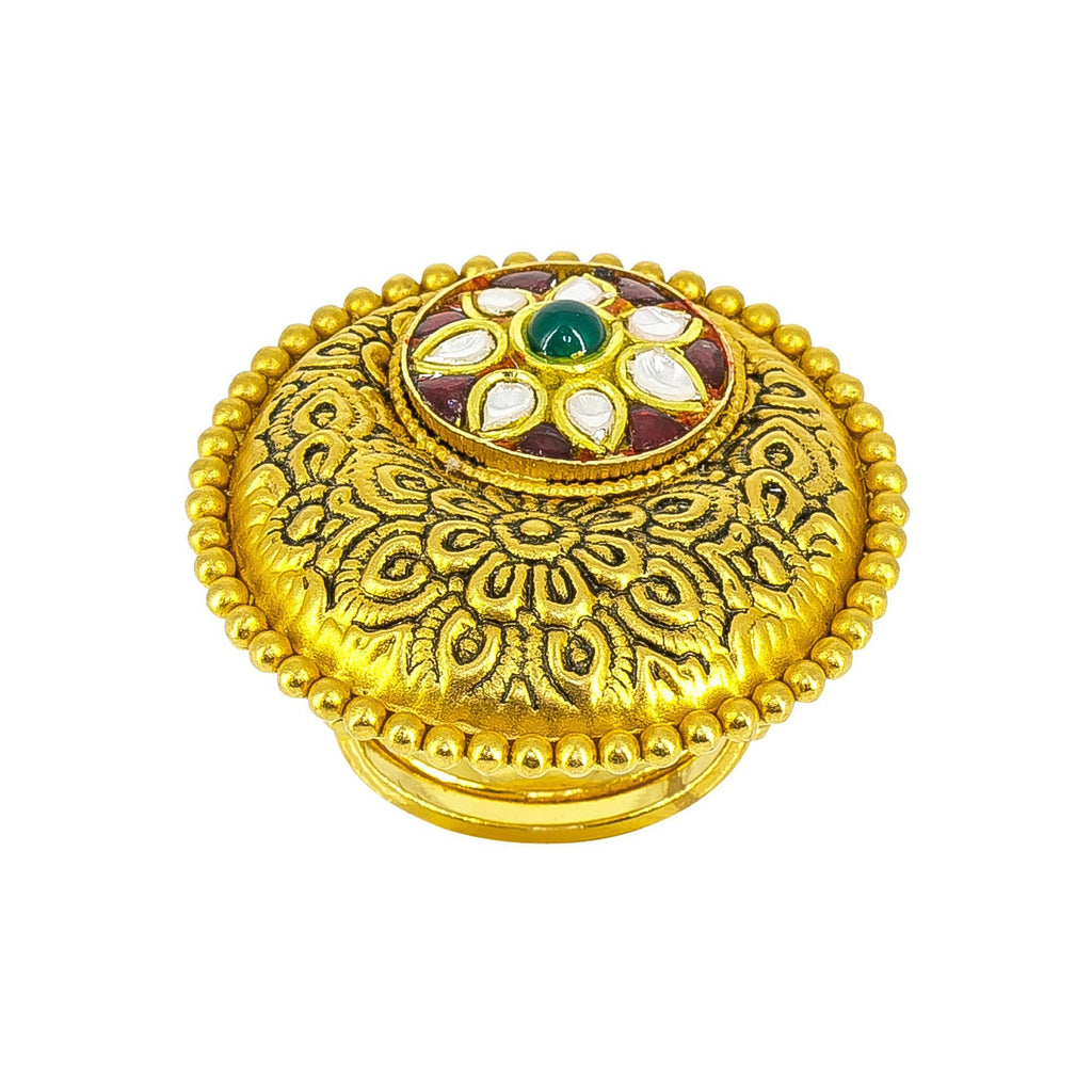 22K yellow antique Gold Ring with ruby and emerald stones in floral detailing | 22K yellow antique Gold Ring with ruby and emerald stones in floral detailing for women. Gold wei...