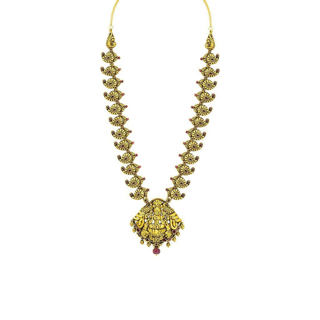 22K Yellow Gold Necklace W/ Ruby, Eyelet Laxmi Pendant & Carved Mango Accents | 22K Yellow Gold Necklace W/ Ruby, Eyelet Laxmi Pendant & Carved Mango Accents for women. Thi...