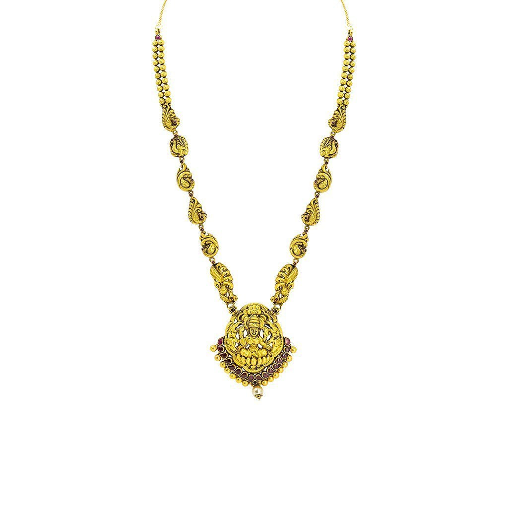 22K Yellow Gold Antique Temple Necklace W/ Rubies, Pearl & Paisley Carved Accent Chain | 22K Yellow Gold Antique Temple Necklace W/ Rubies, Pearl & Paisley Carved Accent Chain for w...