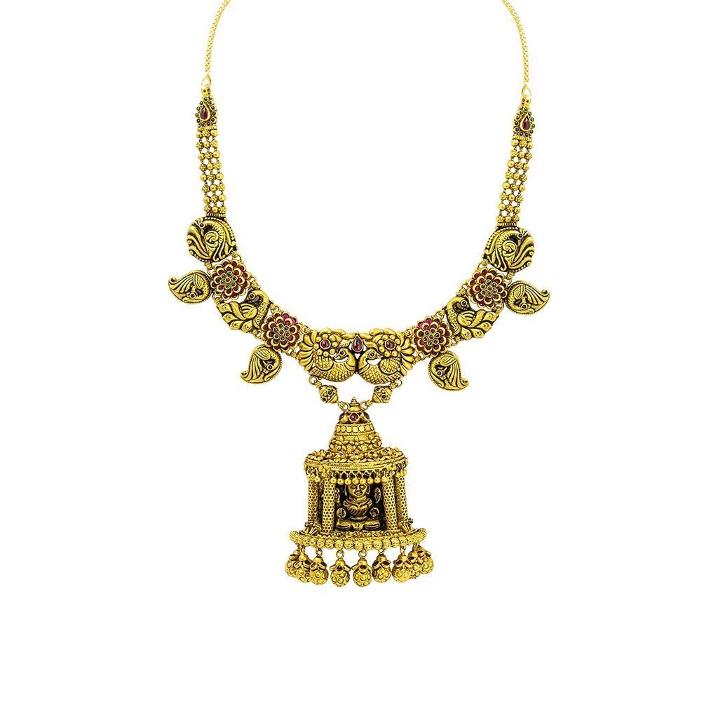 22K Yellow Gold Antique Temple Necklace W/ Ruby, Emerald & Large Laxmi Pendant on Carved Chain | 22K Yellow Gold Antique Temple Necklace W/ Ruby, Emerald & Large Laxmi Pendant on Carved Cha...
