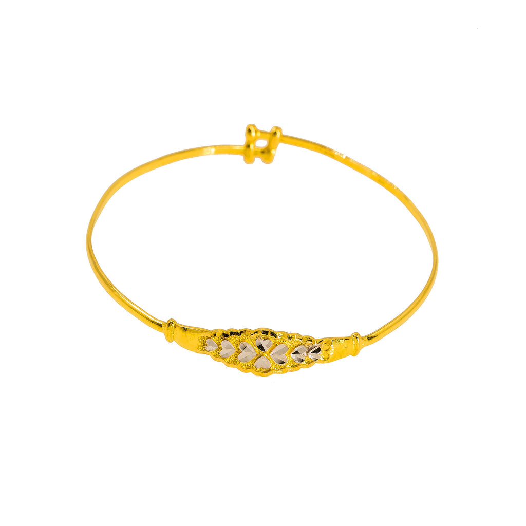 22K Multi Tone Gold Baby Bangles Set of 2 W/ Cross Row of White Gold Etched Hearts Design, Size 1.8 | 22K Multi Tone Gold Baby Bangles Set of 2 W/ Cross Row of White Gold Etched Hearts Design, Size ...