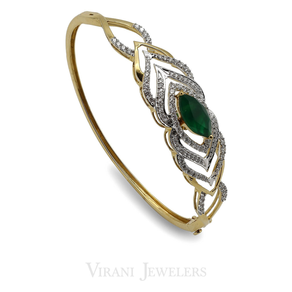 0.85CT Diamond Bangle Set in 18K Gold W/ Marquis Cut Emerald Stone | 0.85CT Diamond Bangle Set in 18K Yellow Gold W/ Marquis Cut Emerald Stone for women. Bracelet siz...