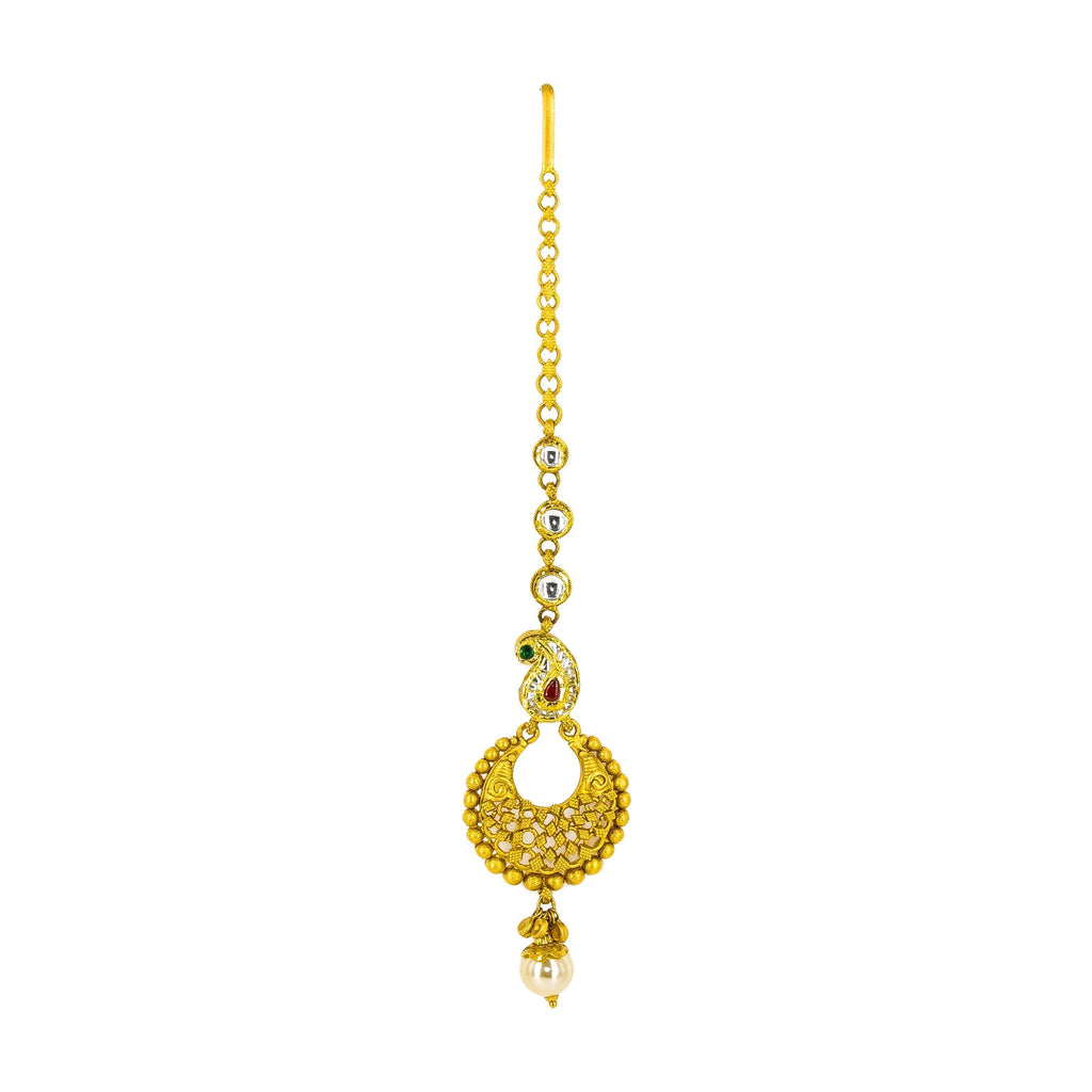 22K Antique Gold Tikka W/ Emerald, Ruby, Kundan & Pearl | 22K Antique Gold Tikka W/ Emerald, Ruby, Kundan & Pearl for women. This beautiful traditional...