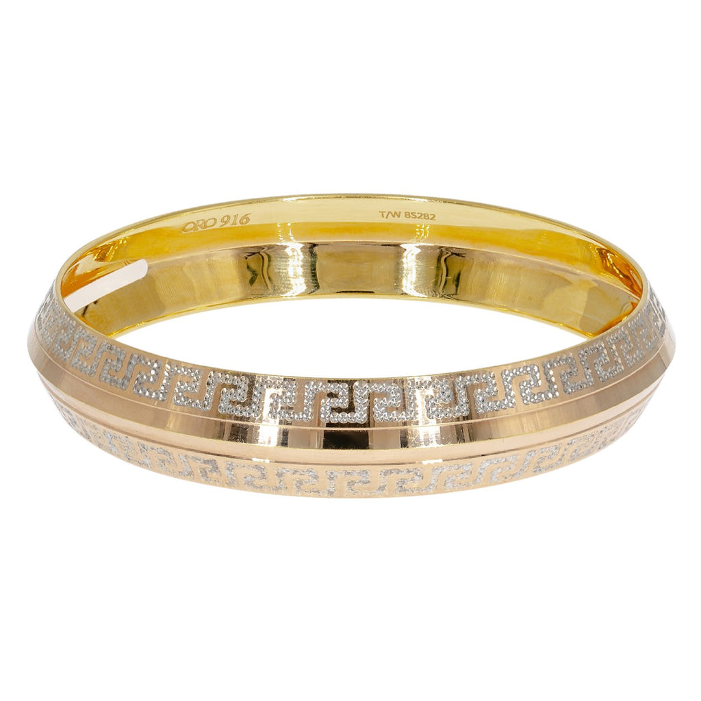 22K Multi Tone Gold Men's Kada Bangle W/ White Gold Aztec Pattern | Enhance your masculine chic attire with classic gold jewelry like this 22K multi tone gold men’s ...