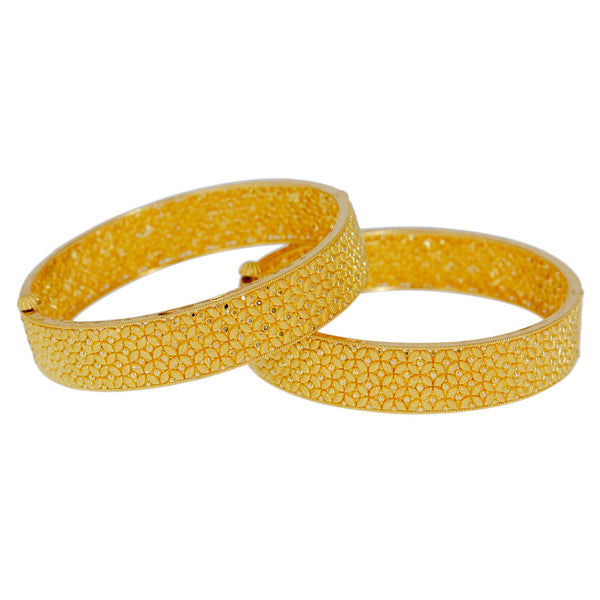 22K Yellow Gold Bangles Set of 2 W/ Clustered Flowers Design | Explore the alluring mystique of finely detailed gold bangles with this set of two 22K yellow gol...