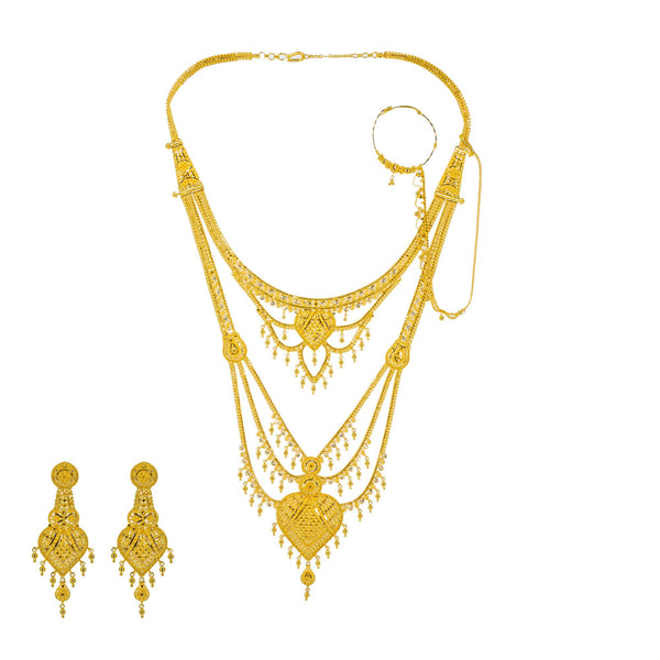 22K Yellow Gold Long Necklace & Earrings Set W/ Nath Nose Ring & Filigree Designs | 


When in doubt, go for the gold and look for the most elaborate designs you can find like this ...