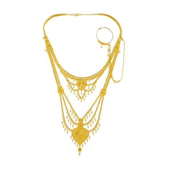 22K Yellow Gold Long Necklace & Earrings Set W/ Nath Nose Ring & Filigree Designs | 


When in doubt, go for the gold and look for the most elaborate designs you can find like this ...