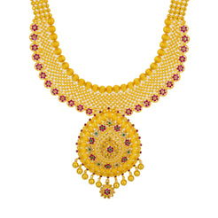 22K Yellow Gold Long Necklace & Jhumki Earrings Set W/ Emeralds, Rubies & CZ Gemstones