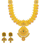 22K Yellow Gold Long Necklace & Jhumki Earrings W/ Rubies, Emeralds, CZ & Peacock Accented Necklace | 


Allow yourself to emit the optimal amount of light in the radiance of this most beautiful 22K ...