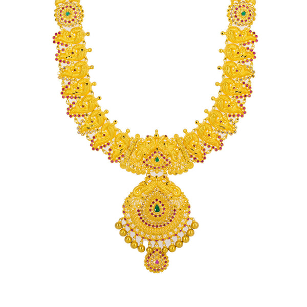 22K Yellow Gold Long Necklace & Jhumki Earrings W/ Rubies, Emeralds, CZ & Peacock Accented Necklace | 


Allow yourself to emit the optimal amount of light in the radiance of this most beautiful 22K ...