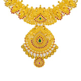 22K Yellow Gold Long Necklace & Jhumki Earrings W/ Rubies, Emeralds, CZ & Peacock Accented Necklace | 


Allow yourself to emit the optimal amount of light in the radiance of this most beautiful 22K ...