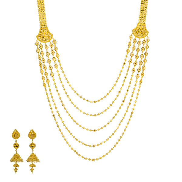 22K Yellow Gold Long Necklace & Jhumki Earrings Set W/ Draping Gold Beaded Strands | 


Drape yourself in layers of radiant gold that create feminine allure like this illustrious des...