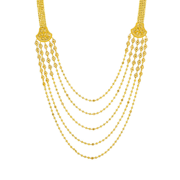 22K Yellow Gold Long Necklace & Jhumki Earrings Set W/ Draping Gold Beaded Strands | 


Drape yourself in layers of radiant gold that create feminine allure like this illustrious des...