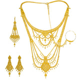 22K Yellow Gold Long Necklace & Earrings Set W/ Tikka, Nath Nose Ring & Filigree Designs | 


Why dress up when you can fully adorn yourself in this most exquisite 22K yellow gold long nec...