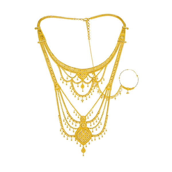 22K Yellow Gold Long Necklace & Earrings Set W/ Tikka, Nath Nose Ring & Filigree Designs | 


Why dress up when you can fully adorn yourself in this most exquisite 22K yellow gold long nec...