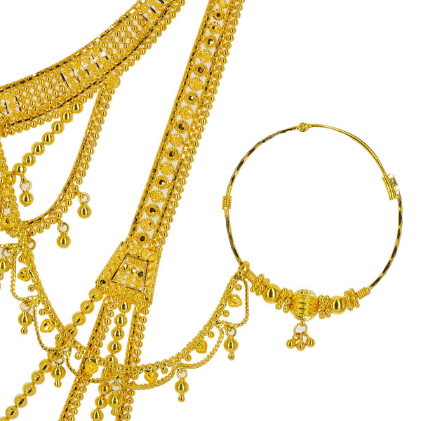 22K Yellow Gold Long Necklace & Earrings Set W/ Tikka, Nath Nose Ring & Filigree Designs | 


Why dress up when you can fully adorn yourself in this most exquisite 22K yellow gold long nec...