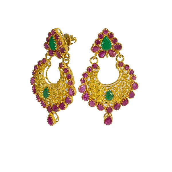 22K Yellow Gold Long Necklace & Chandbali Earrings Set W/ Rubies & Emeralds | 


Boldly stand out with the radiance of color, design and luxury with this most elaborate 22K ye...