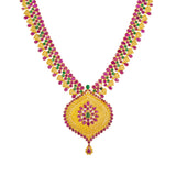 22K Yellow Gold Long Necklace & Chandbali Earrings Set W/ Rubies & Emeralds | 


Boldly stand out with the radiance of color, design and luxury with this most elaborate 22K ye...