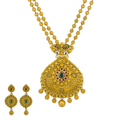 22K Yellow Gold Long Necklace & Earrings Set W/ Draping Beaded Filigree Design