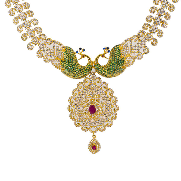 22K Yellow Gold Long Necklace & Earrings Set W/ Rubies, Multi-colored CZ & Encrusted Peacock Accents | 


Be the belle of every ball with this most elegant gemstone encrusted 22K yellow gold long neck...