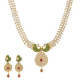 22K Yellow Gold Long Necklace & Earrings Set W/ Rubies, Multi-colored CZ & Encrusted Peacock Accents | 


Be the belle of every ball with this most elegant gemstone encrusted 22K yellow gold long neck...