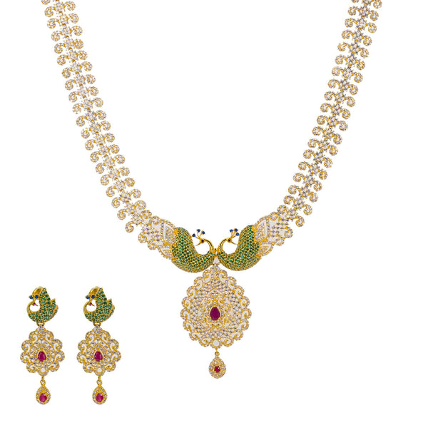 22K Yellow Gold Long Necklace & Earrings Set W/ Rubies, Multi-colored CZ & Encrusted Peacock Accents | 


Be the belle of every ball with this most elegant gemstone encrusted 22K yellow gold long neck...