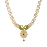 22K Yellow Gold Long Necklace & Earrings Set W/ Rubies, Multi-colored CZ & Encrusted Peacock Accents | 


Be the belle of every ball with this most elegant gemstone encrusted 22K yellow gold long neck...