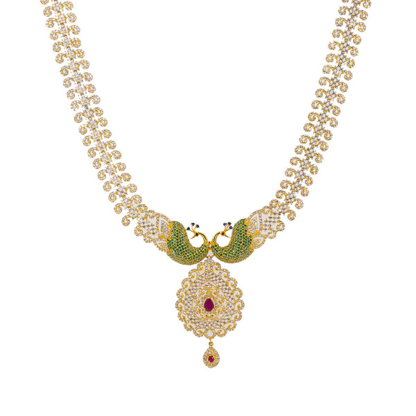 22K Yellow Gold Long Necklace & Earrings Set W/ Rubies, Multi-colored CZ & Encrusted Peacock Accents | 


Be the belle of every ball with this most elegant gemstone encrusted 22K yellow gold long neck...