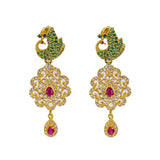 22K Yellow Gold Long Necklace & Earrings Set W/ Rubies, Multi-colored CZ & Encrusted Peacock Accents | 


Be the belle of every ball with this most elegant gemstone encrusted 22K yellow gold long neck...