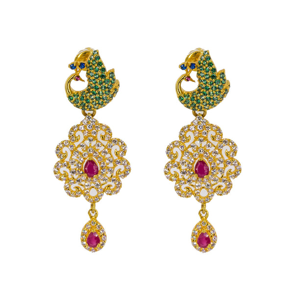 22K Yellow Gold Long Necklace & Earrings Set W/ Rubies, Multi-colored CZ & Encrusted Peacock Accents | 


Be the belle of every ball with this most elegant gemstone encrusted 22K yellow gold long neck...