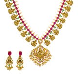 22K Yellow Antique Gold Long Laxmi Necklace & Earrings Set W/ Rubies, Emeralds & Pearls | 


The beauty of tradition is best presented in the midst of fine gold and precious gemstones lik...