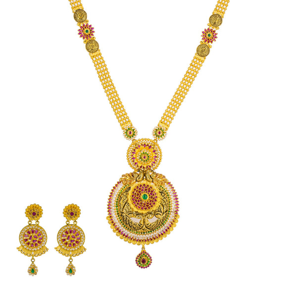 22K Yellow Antique Gold Long Necklace & Earrings Set W/ CZ, Emeralds, Rubies & Large Shield Pendant | 


A royal entrance is best graced with the antique allure of fine jewelry like this 22K yellow a...