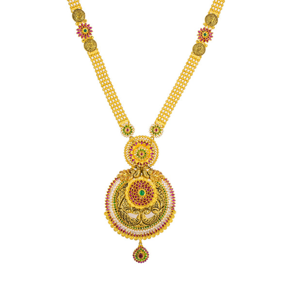 22K Yellow Antique Gold Long Necklace & Earrings Set W/ CZ, Emeralds, Rubies & Large Shield Pendant | 


A royal entrance is best graced with the antique allure of fine jewelry like this 22K yellow a...