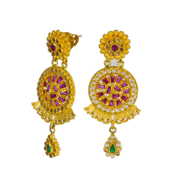 22K Yellow Antique Gold Long Necklace & Earrings Set W/ CZ, Emeralds, Rubies & Large Shield Pendant | 


A royal entrance is best graced with the antique allure of fine jewelry like this 22K yellow a...