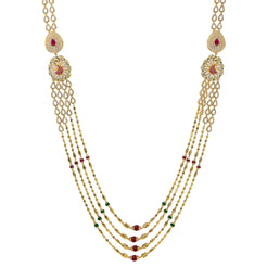 22K Yellow Gold Multi Strand Haaram Necklace W/ Emeralds, Rubies, CZ Gemstones & Side Pendants